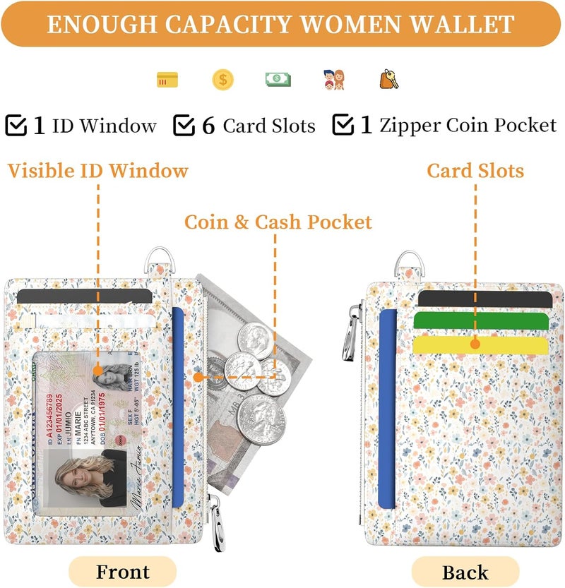 Hancynir Florals Slim Wallet Women Credit Card Holder, RFID Blocking Front Pocket Wallet Wristlet Keychain Lanyard, Small Cute Mini Card Case, Thin Travel Zipper Coin PU Leather Ladies Female Gifts - Image 3